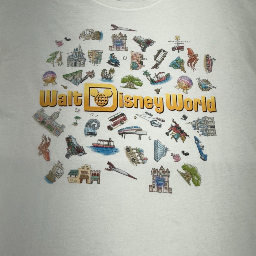 Walt Disney World Mens T-Shirt L White Ride Attraction Opening Dates Calendar